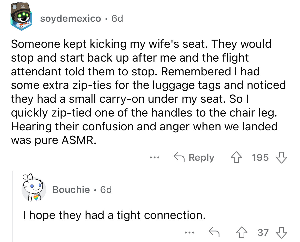 angle - soydemexico. 6d Someone kept kicking my wife's seat. They would stop and start back up after me and the flight attendant told them to stop. Remembered I had some extra zipties for the luggage tags and noticed they had a small carryon under my seat
