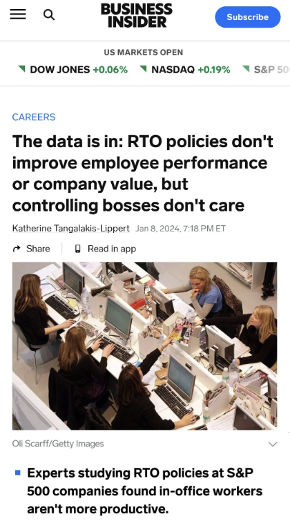 cramped office space - Business Insider Subscribe Us Markets Open Dow Jones 0.06% Nasdaq 0.19% S&P 50 Careers The data is in Rto policies don't improve employee performance or company value, but controlling bosses don't care Katherine TangalakisLippert . 