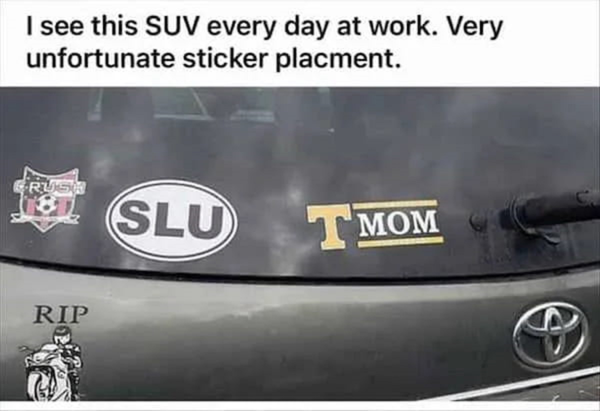 spicy memes -  vehicle registration plate - I see this Suv every day at work. Very unfortunate sticker placment. Crush 18 Rip Slu Tmom