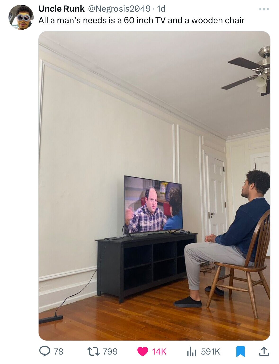 interior design - Uncle Runk 1d All a man's needs is a 60 inch Tv and a wooden chair 78 ...