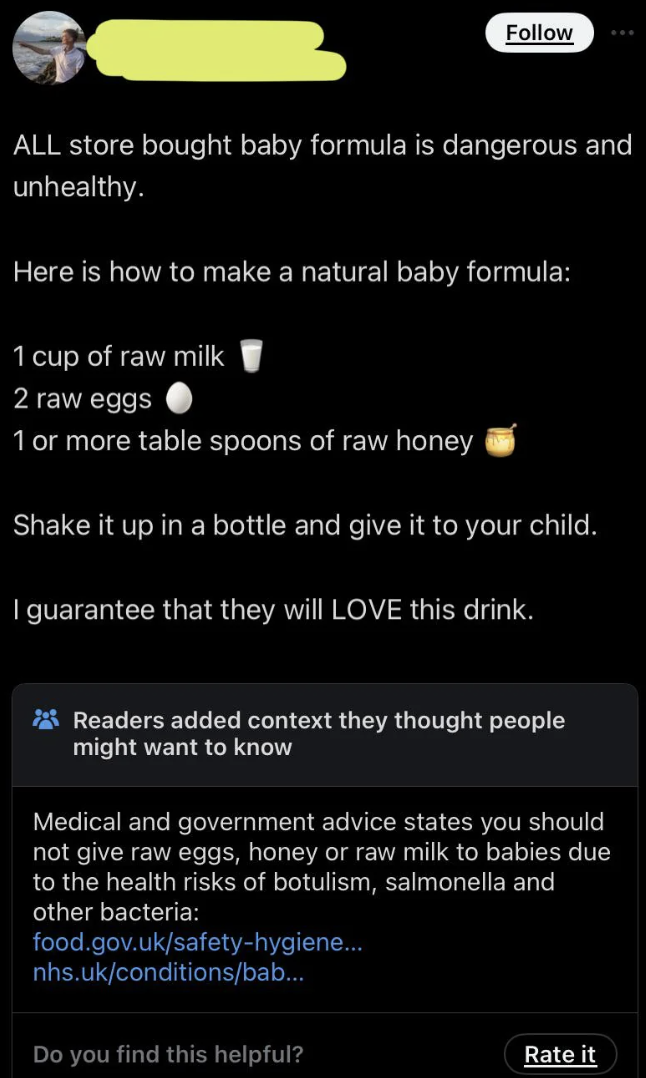screenshot - All store bought baby formula is dangerous and unhealthy. Here is how to make a natural baby formula 1 cup of raw milk 2 raw eggs 1 or more table spoons of raw honey Shake it up in a bottle and give it to your child. I guarantee that they wil