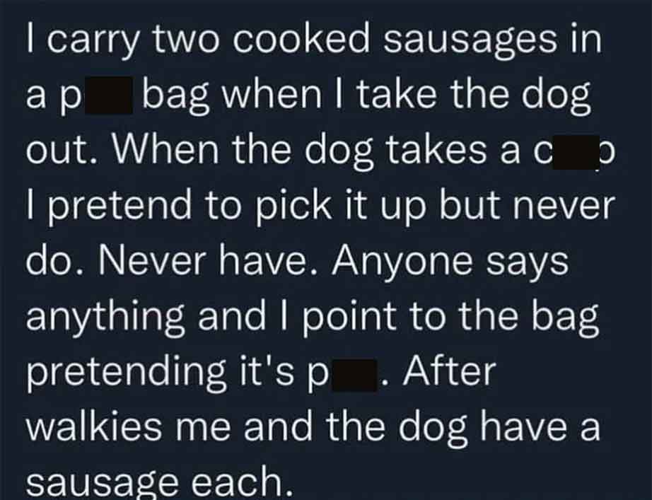 atmosphere - I carry two cooked sausages in ap bag when I take the dog out. When the dog takes a c O I pretend to pick it up but never do. Never have. Anyone says anything and I point to the bag pretending it's p. After walkies me and the dog have a sausa