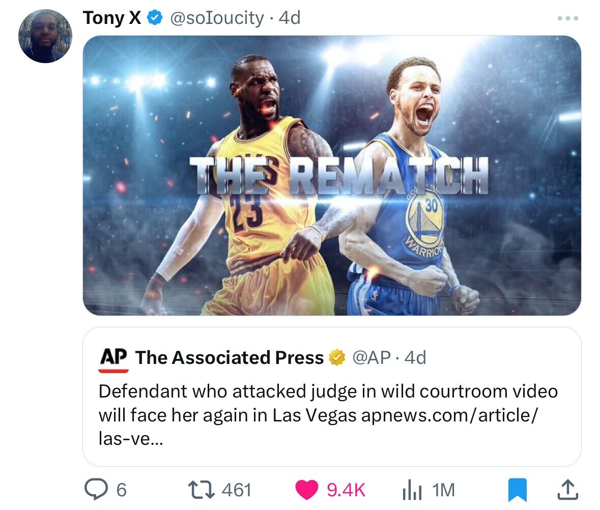 team sport - Tony X . 4d The Rematch 23 Ap The Associated Press .4d Defendant who attacked judge in wild courtroom video will face her again in Las Vegas apnews.comarticle lasve... 6 461 1M