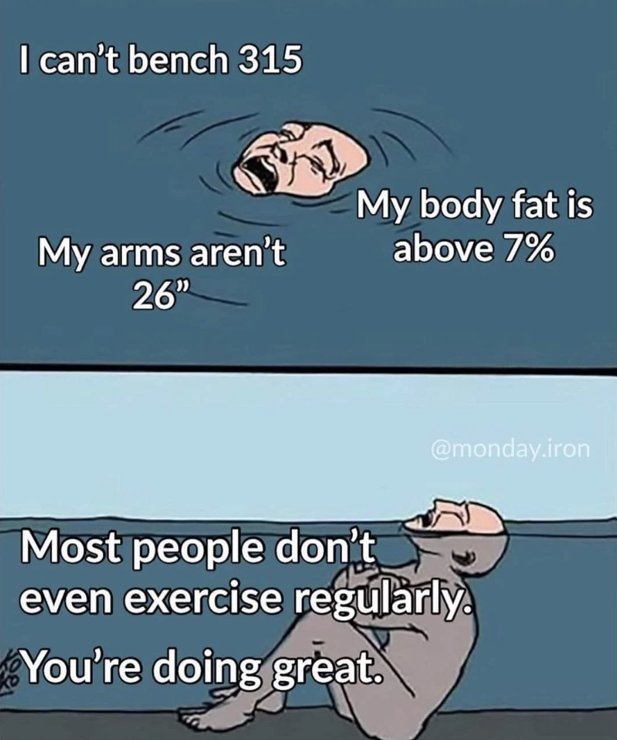 cartoon - I can't bench 315 My arms aren't 26" My body fat is above 7% .iron Most people don't even exercise regularly. You're doing great.