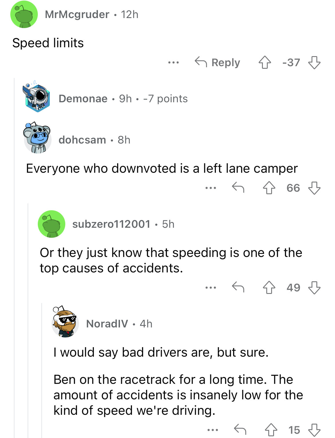 angle - MrMcgruder 12h Speed limits Demonae dohcsam 8h 9h 7 points ... Everyone who downvoted is a left lane camper 66 subzero112001 5h 4 37 NoradIV. 4h ... Or they just know that speeding is one of the top causes of accidents. 49 ... I would say bad driv