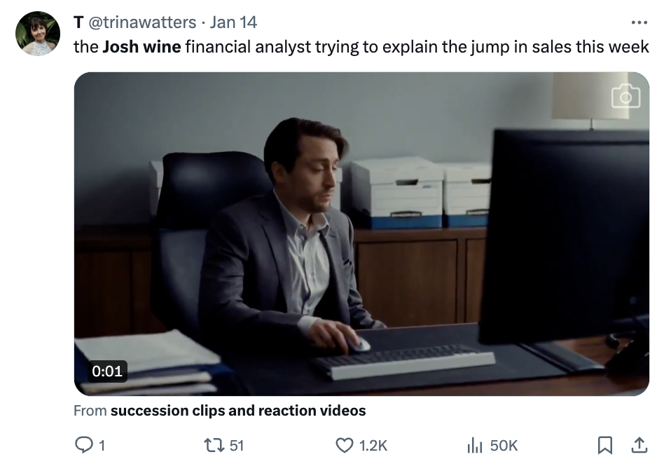 presentation - T Jan 14 the Josh wine financial analyst trying to explain the jump in sales this week From succession clips and reaction videos t51 il 50K