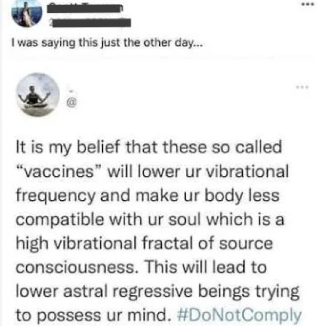 paper - I was saying this just the other day... It is my belief that these so called "vaccines" will lower ur vibrational frequency and make ur body less compatible with ur soul which is a high vibrational fractal of source consciousness. This will lead t