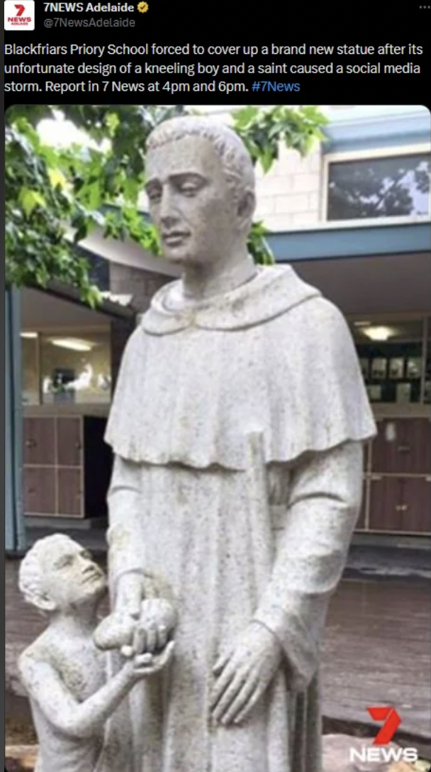 catholic school statue bread - 7NEWS Adelaide 7NewsAdelaide Blackfriars Priory School forced to cover up a brand new statue after its unfortunate design of a kneeling boy and a saint caused a social media storm. Report in 7 News at 4pm and 6pm. News