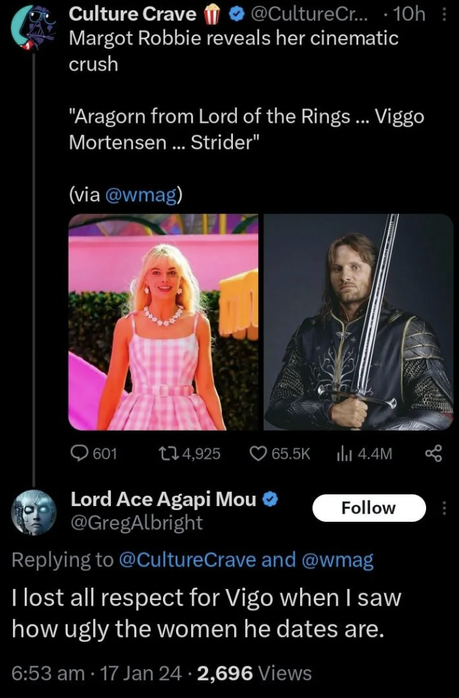 screenshot - Culture Crave ... 10h Margot Robbie reveals her cinematic crush "Aragorn from Lord of the Rings ... Viggo Mortensen ... Strider" via 601 134,925 Lord Ace Agapi Mou lit 4.4M and I lost all respect for Vigo when I saw how ugly the women he date