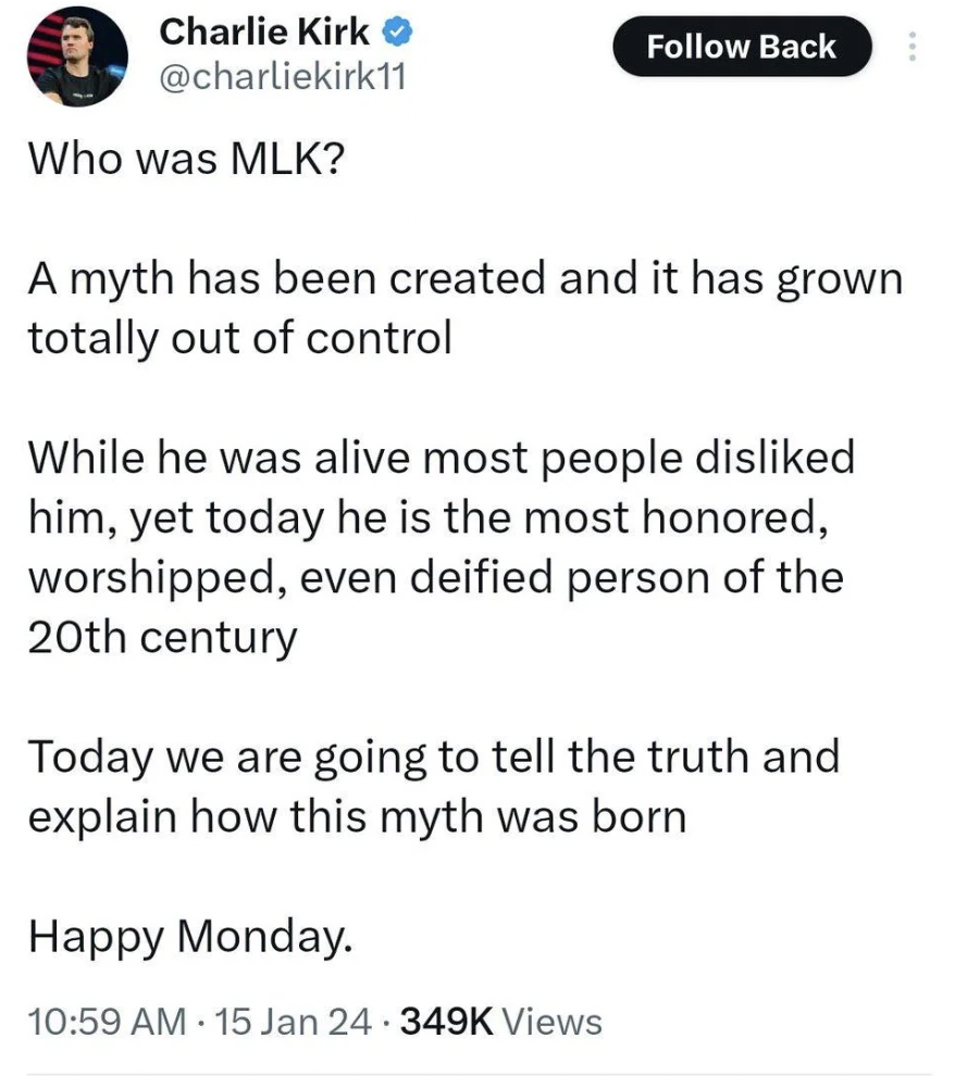 paper - 187 Charlie Kirk Who was Mlk? Back A myth has been created and it has grown totally out of control While he was alive most people disd him, yet today he is the most honored, worshipped, even deified person of the 20th century Today we are going to