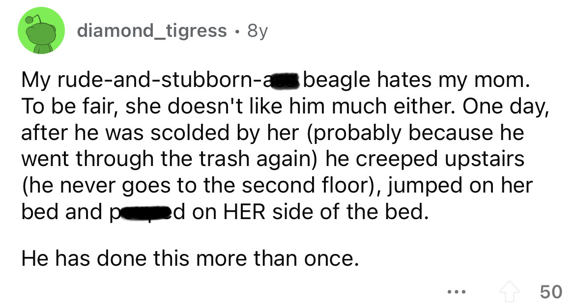 document - diamond_tigress 8y My rudeandstubborna beagle hates my mom. To be fair, she doesn't him much either. One day, after he was scolded by her probably because he went through the trash again he creeped upstairs he never goes to the second floor, ju