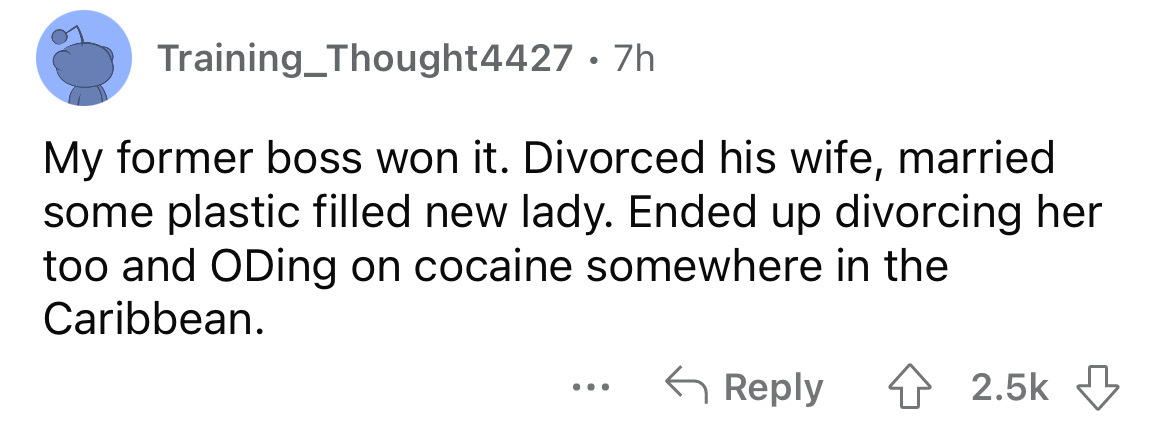 chris evans feminist - Training_Thought4427 . 7h My former boss won it. Divorced his wife, married some plastic filled new lady. Ended up divorcing her too and ODing on cocaine somewhere in the Caribbean.