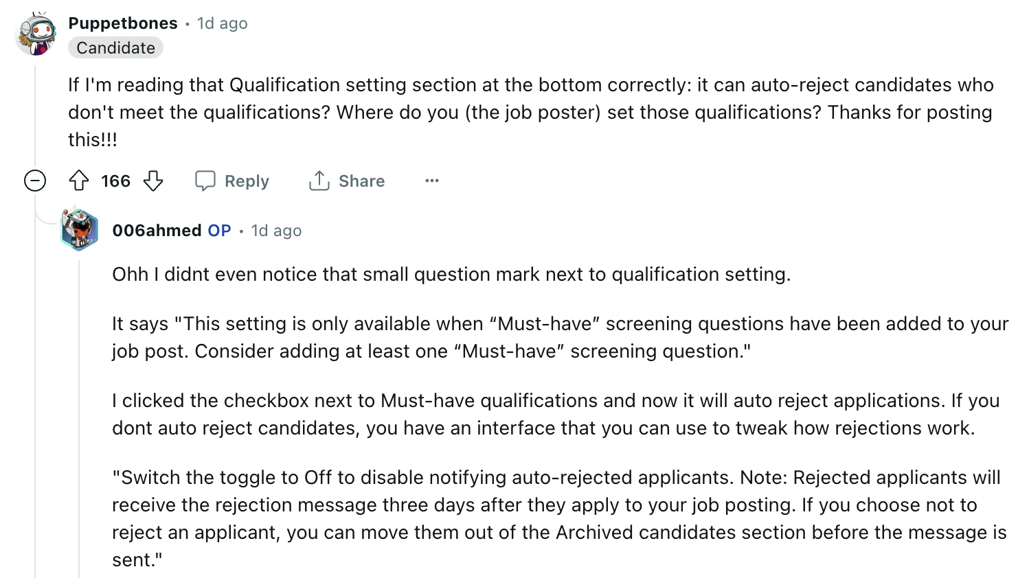 document - Puppetbones id ago Candidate If I'm reading that Qualification setting section at the bottom correctly it can autoreject candidates who don't meet the qualifications? Where do you the job poster set those qualifications? Thanks for posting this