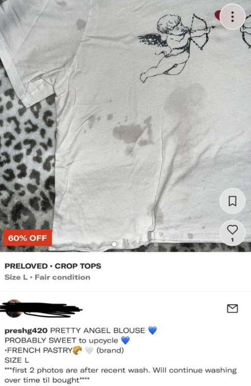 t shirt - 60% Off Preloved Size L . Fair condition Crop Tops preshg420 Pretty Angel Blouse Probably Sweet to upcycle brand French Pastry Size L 3 K first 2 photos are after recent wash. Will continue washing over time til bought