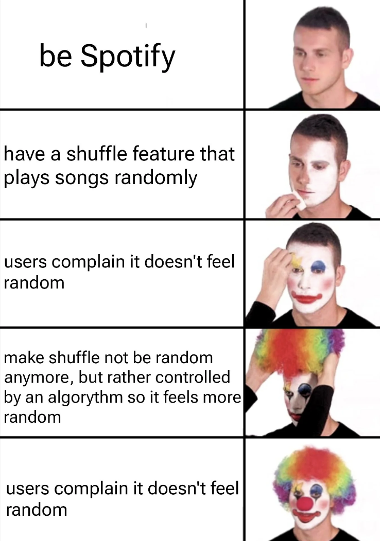 head - be Spotify have a shuffle feature that plays songs randomly users complain it doesn't feel random make shuffle not be random anymore, but rather controlled by an algorythm so it feels more random users complain it doesn't feel random