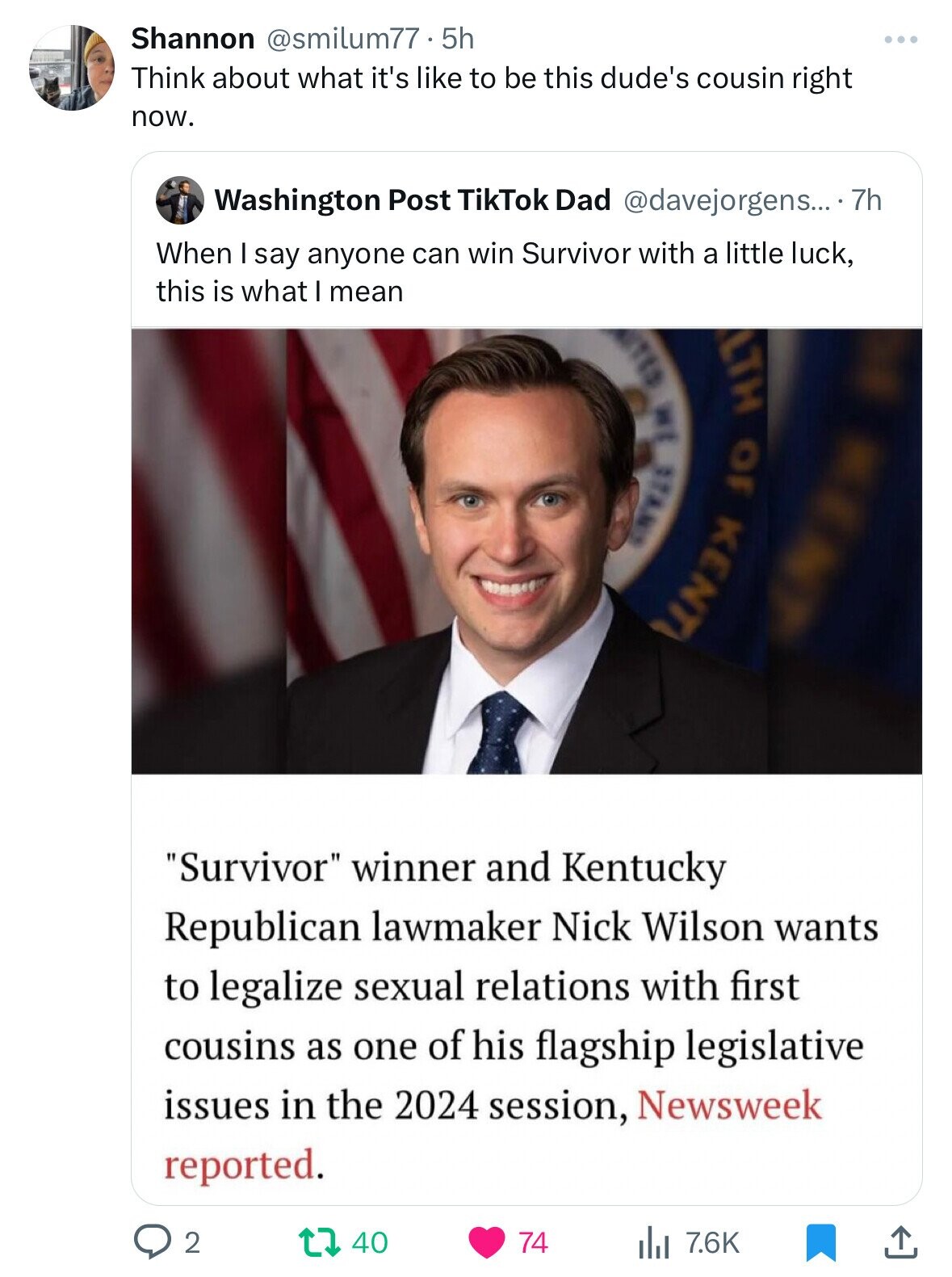 photo caption - Shannon 5h Think about what it's to be this dude's cousin right now. Washington Post TikTok Dad .... 7h When I say anyone can win Survivor with a little luck, this is what I mean Q2 t 40 Th "Survivor" winner and Kentucky Republican lawmake