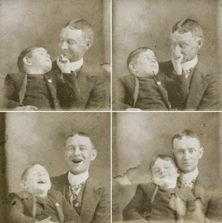 father and son goofing off 1910