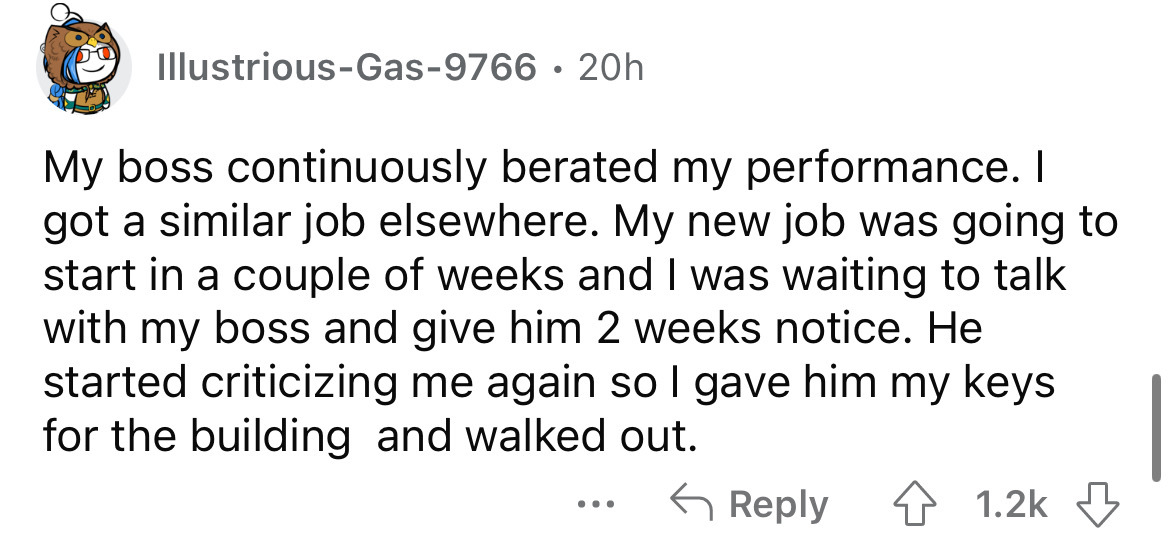 angle - IllustriousGas9766 20h My boss continuously berated my performance. I got a similar job elsewhere. My new job was going to start in a couple of weeks and I was waiting to talk with my boss and give him 2 weeks notice. He started criticizing me aga