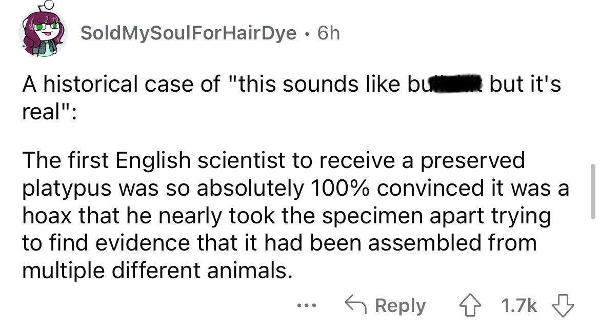 angle - Sold MySoulForHair Dye 6h A historical case of "this sounds but real" but it's The first English scientist to receive a preserved platypus was so absolutely 100% convinced it was a hoax that he nearly took the specimen apart trying to find evidenc