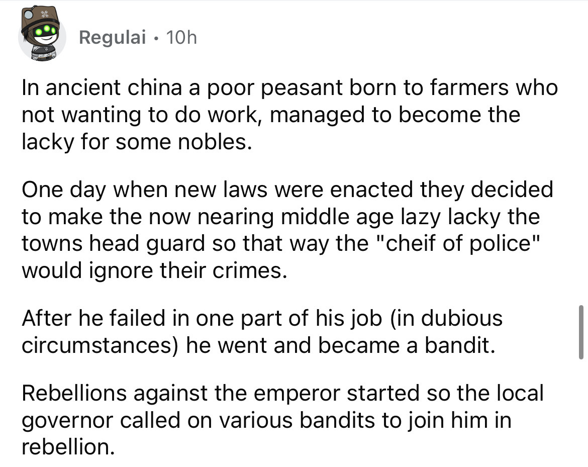angle - Regulai 10h In ancient china a poor peasant born to farmers who not wanting to do work, managed to become the lacky for some nobles. One day when new laws were enacted they decided to make the now nearing middle age lazy lacky the towns head guard