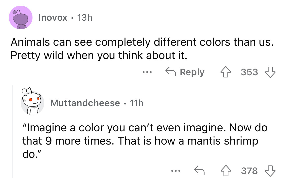 angle - Inovox 13h Animals can see completely different colors than us. Pretty wild when you think about it. 4353 Muttandcheese 11h "Imagine a color you can't even imagine. Now do that 9 more times. That is how a mantis shrimp do." 378 ...