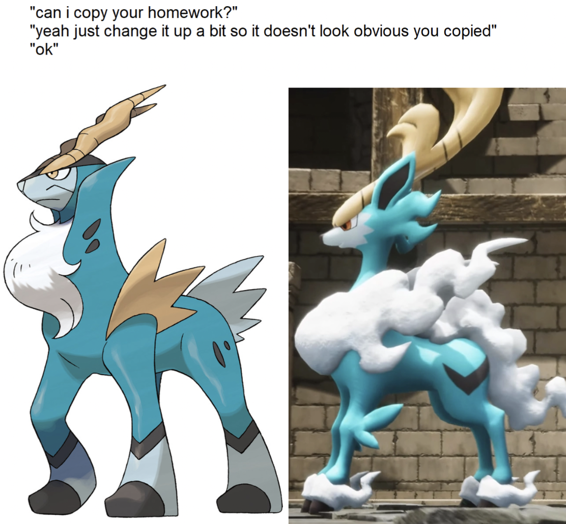 trio légendaire pokémon - "can i copy your homework?" "yeah just change it up a bit so it doesn't look obvious you copied" "ok"