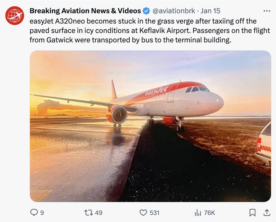 airline - Breaking Aviation News & Videos Jan 15 easyJet A320neo becomes stuck in the grass verge after taxiing off the paved surface in icy conditions at Keflavik Airport. Passengers on the flight from Gatwick were transported by bus to the terminal buil
