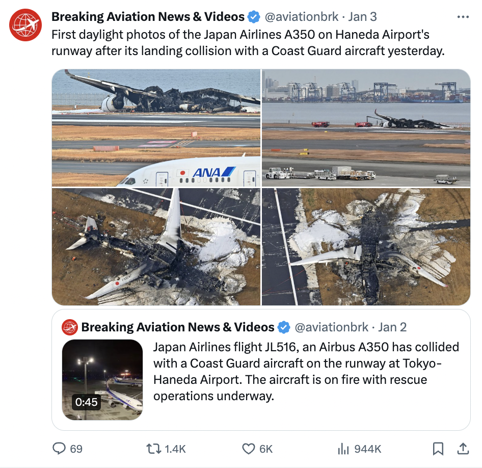 aviation - D Breaking Aviation News & Videos Jan 3 First daylight photos of the Japan Airlines A350 on Haneda Airport's runway after its landing collision with a Coast Guard aircraft yesterday. Ana Hi Breaking Aviation News & Videos Jan 2 69 Japan Airline
