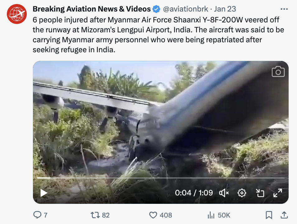 vehicle - Breaking Aviation News & Videos Jan 23 6 people injured after Myanmar Air Force Shaanxi Y8F200W veered off the runway at Mizoram's Lengpui Airport, India. The aircraft was said to be carrying Myanmar army personnel who were being repatriated aft