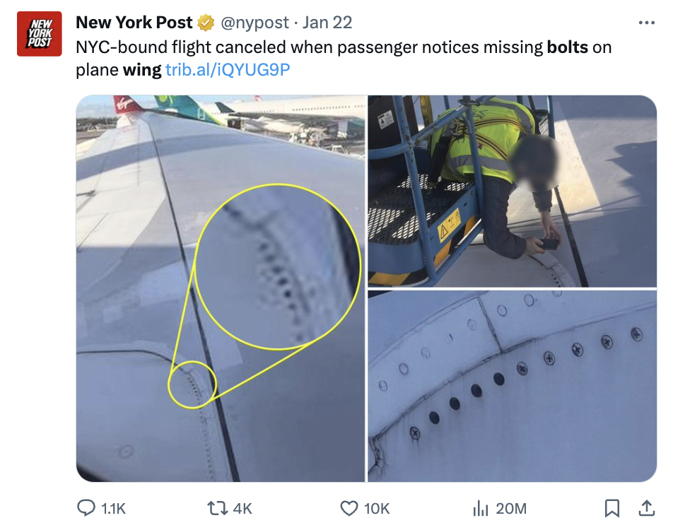 engineering - New York Post New York Post Jan 22 Nycbound flight canceled when passenger notices missing bolts on plane wing trib.aliQYUG9P t24K 10K l 20M