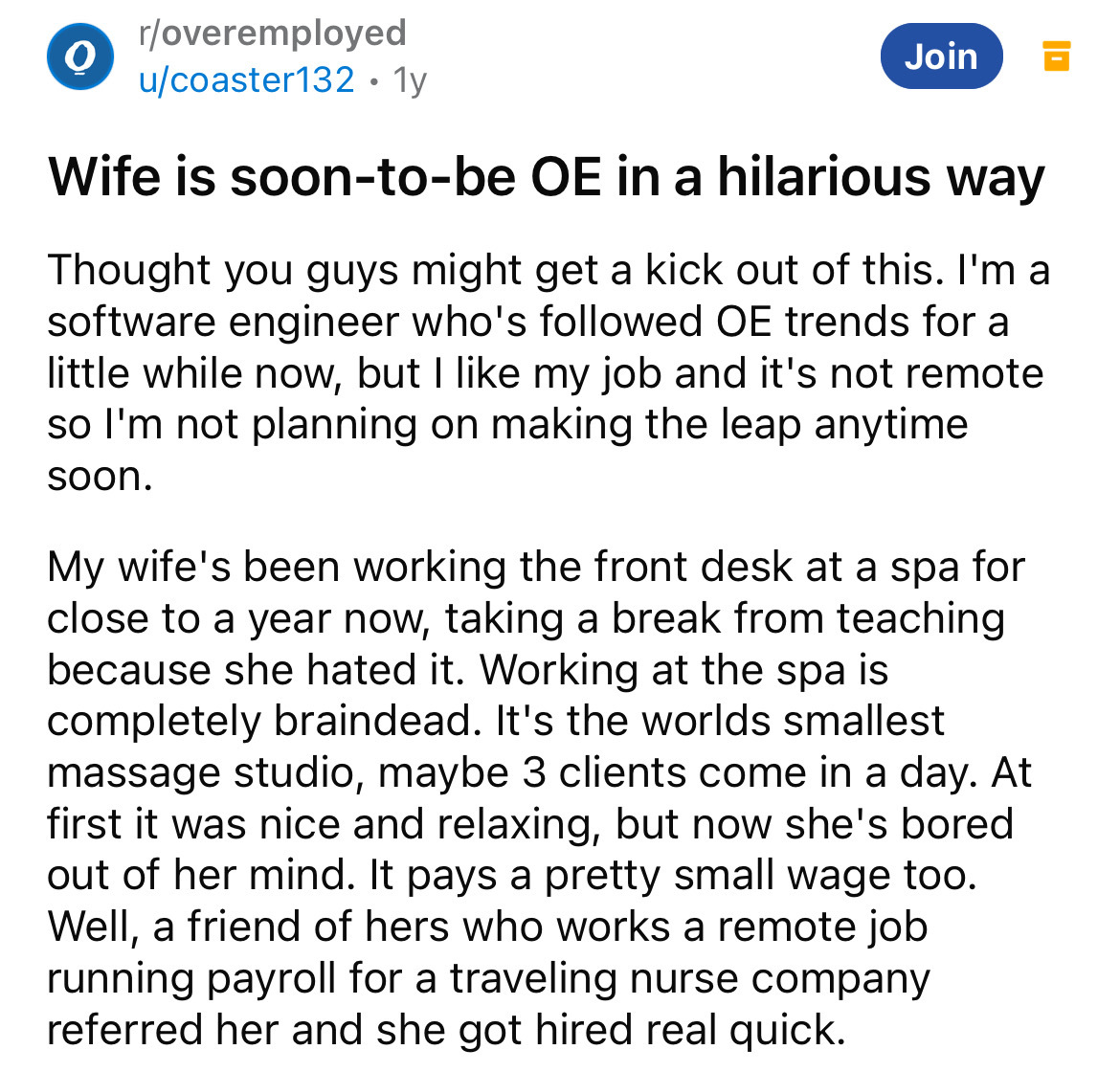 document - O roveremployed ucoaster132. 1y Join Wife is soontobe Oe in a hilarious way Thought you guys might get a kick out of this. I'm a software engineer who's ed Oe trends for a little while now, but I my job and it's not remote so I'm not planning o