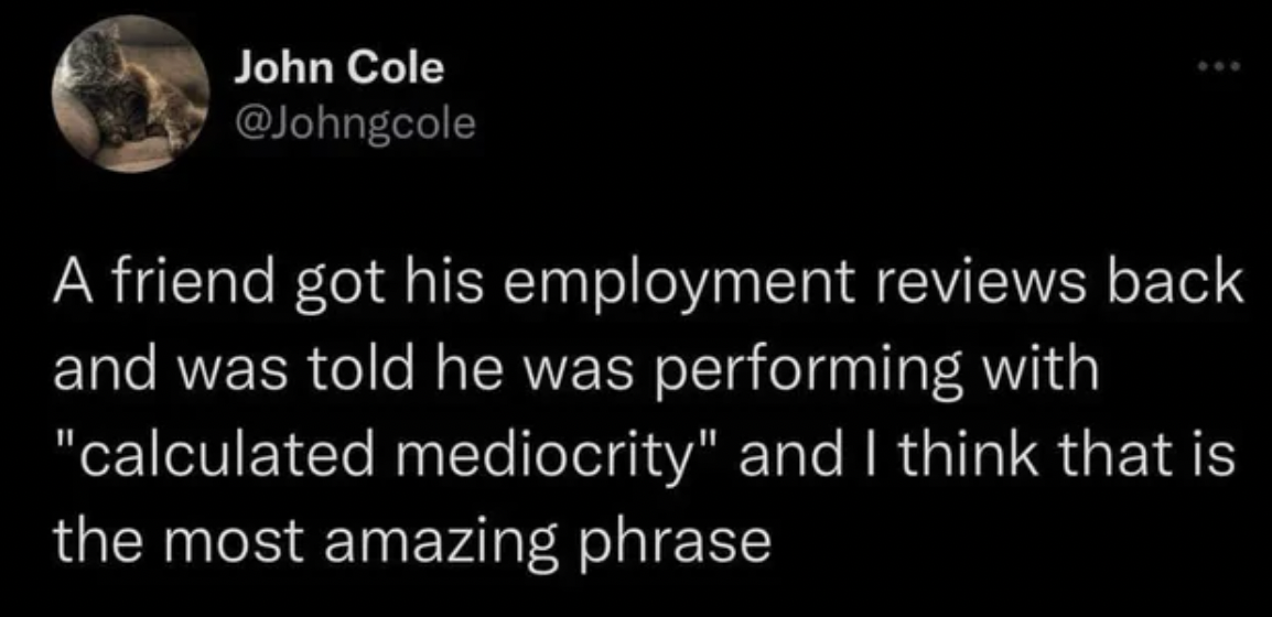 calculated mediocrity meme - John Cole A friend got his employment reviews back and was told he was performing with "calculated mediocrity" and I think that is the most amazing phrase