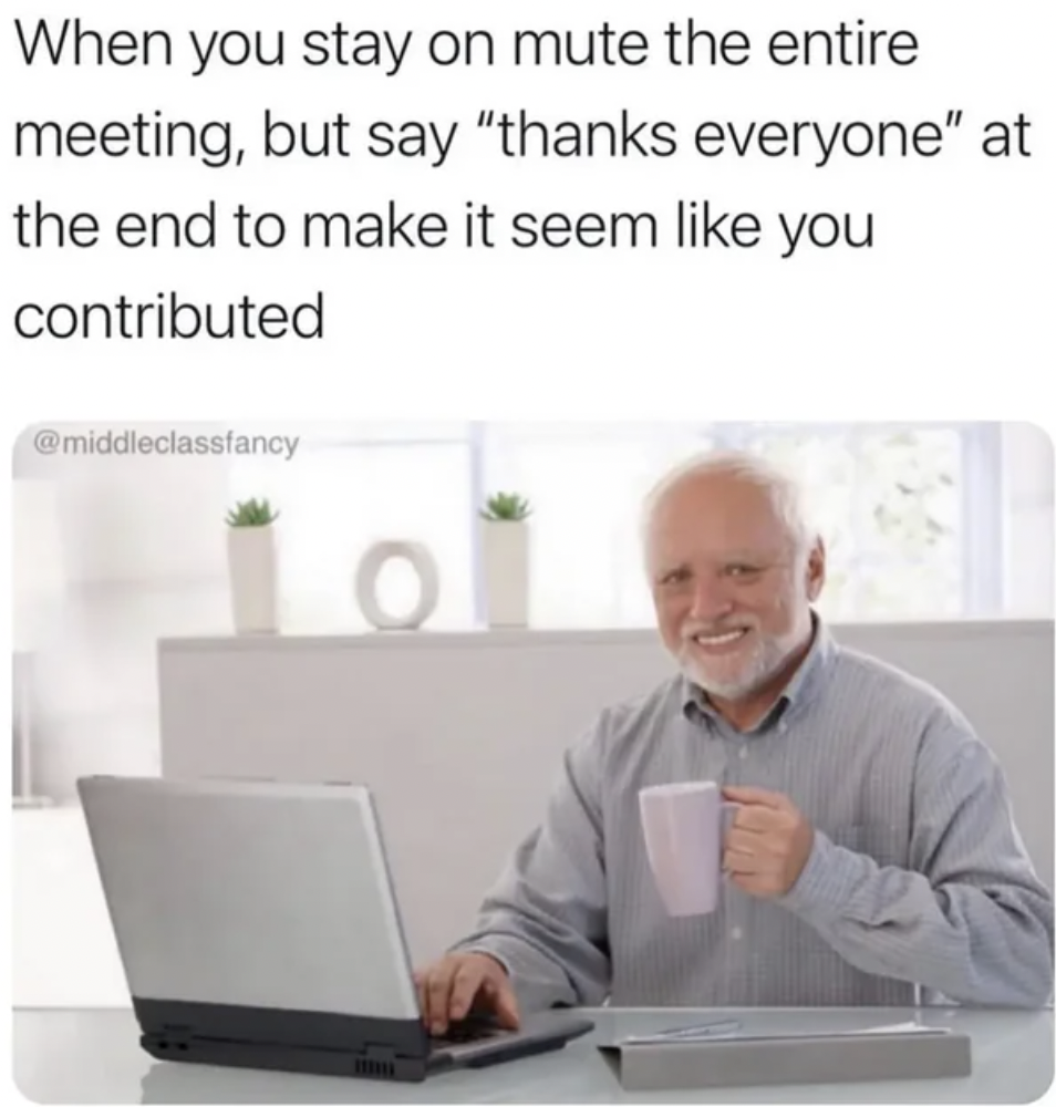 you stay on mute the entire meeting meme - When you stay on mute the entire meeting, but say "thanks everyone" at the end to make it seem you contributed