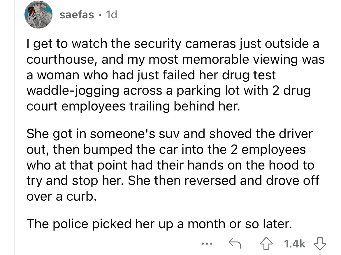 angle - saefas 1d I get to watch the security cameras just outside a courthouse, and my most memorable viewing was a woman who had just failed her drug test waddlejogging across a parking lot with 2 drug court employees trailing behind her. She got in som
