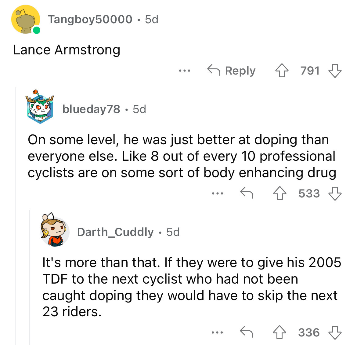 angle - Tangboy50000 5d Lance Armstrong blueday78 5d ... On some level, he was just better at doping than everyone else. 8 out of every 10 professional cyclists are on some sort of body enhancing drug 533 ... 4791 Darth_Cuddly. 5d It's more than that. If 