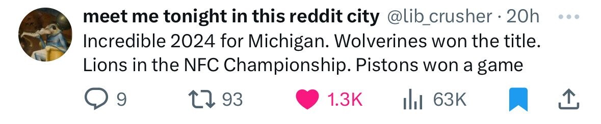 diagram - meet me tonight in this reddit city . 20h Incredible 2024 for Michigan. Wolverines won the title. Lions in the Nfc Championship. Pistons won a game