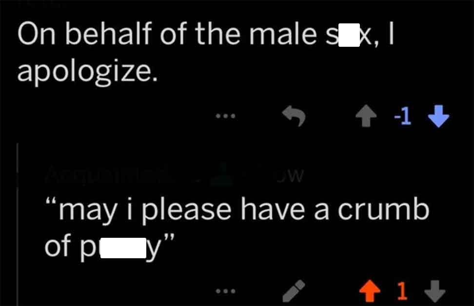 screenshot - On behalf of the male sX, I apologize. 1 Anqueime Ow "may i please have a crumb of py" 1