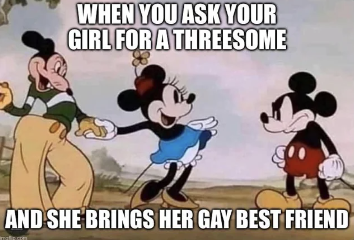 mickey e minnie meme - When You Ask Your Girl For A Threesome And She Brings Her Gay Best Friend imgflip.com