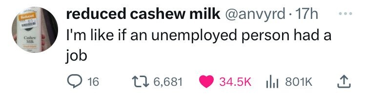 reassurance means a lot to an over thinker - Reduced C55 ww Cashew Milk reduced cashew milk . 17h I'm if an unemployed person had a job 16 t 6,681