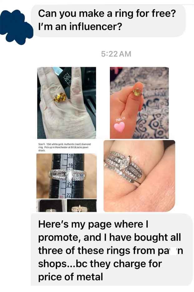 nail - Can you make a ring for free? I'm an influencer? Size 10k white gold. Authentic real slamond ring Pick up in Manchester at Bill&Jacks pan 18 19 21 22 2013 Here's my page where I promote, and I have bought all three of these rings from pa 'n shops..