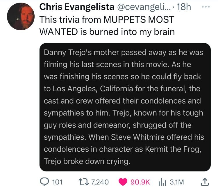 Chris Evangelista .... 18h This trivia from Muppets Most Wanted is burned into my brain Danny Trejo's mother passed away as he was filming his last scenes in this movie. As he was finishing his scenes so he could fly back to Los Angeles, California for th