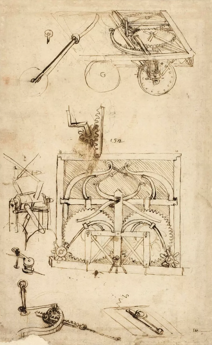 da Vinci searched throughout his life for means self propulsion, but what was essentially a wind-up car was as close as he got. A chariot without a horse is cool, but not if you have to stop every few seconds to rewind it. 
