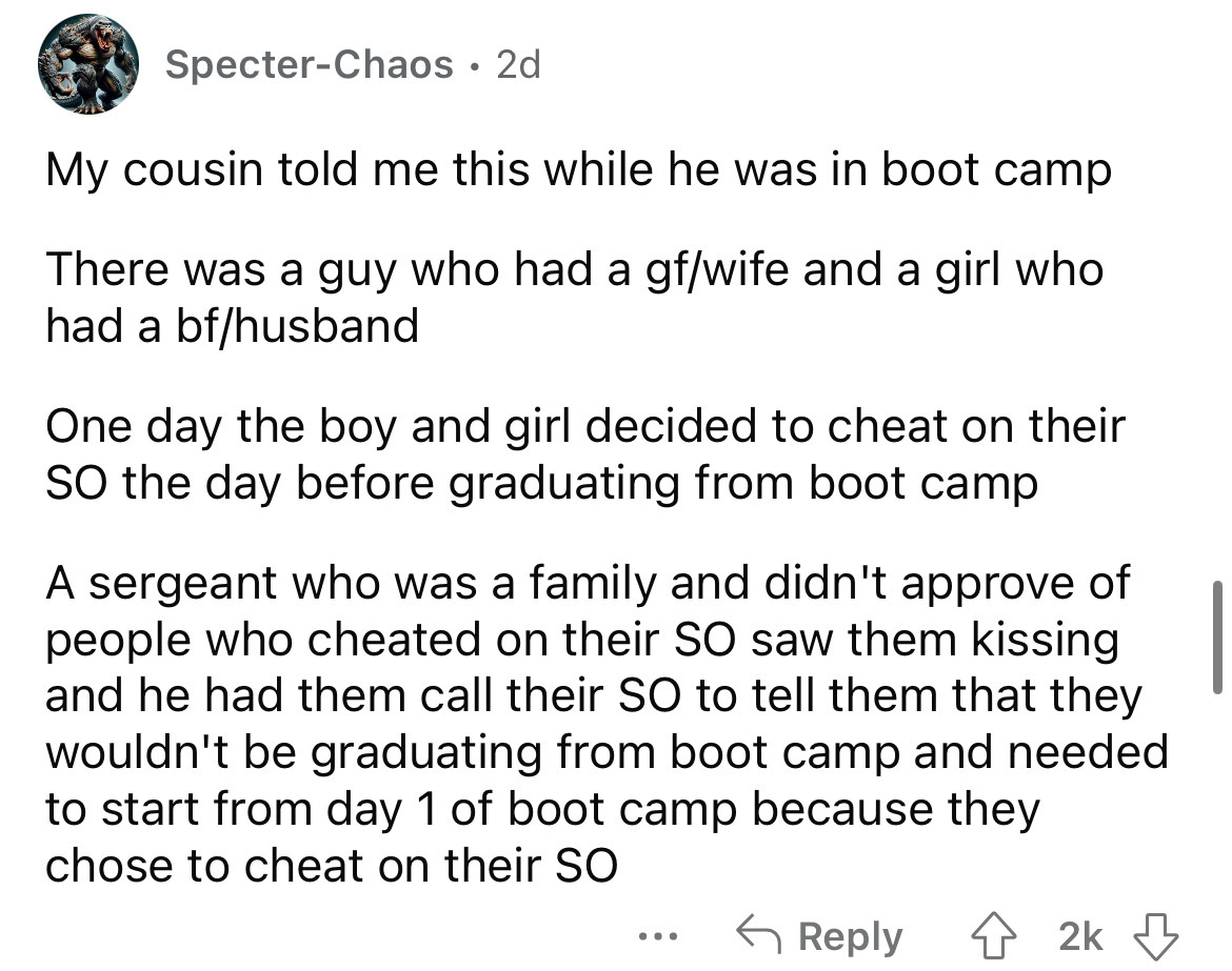 angle - SpecterChaos 2d My cousin told me this while he was in boot camp There was a guy who had a gfwife and a girl who had a bfhusband One day the boy and girl decided to cheat on their So the day before graduating from boot camp A sergeant who was a fa