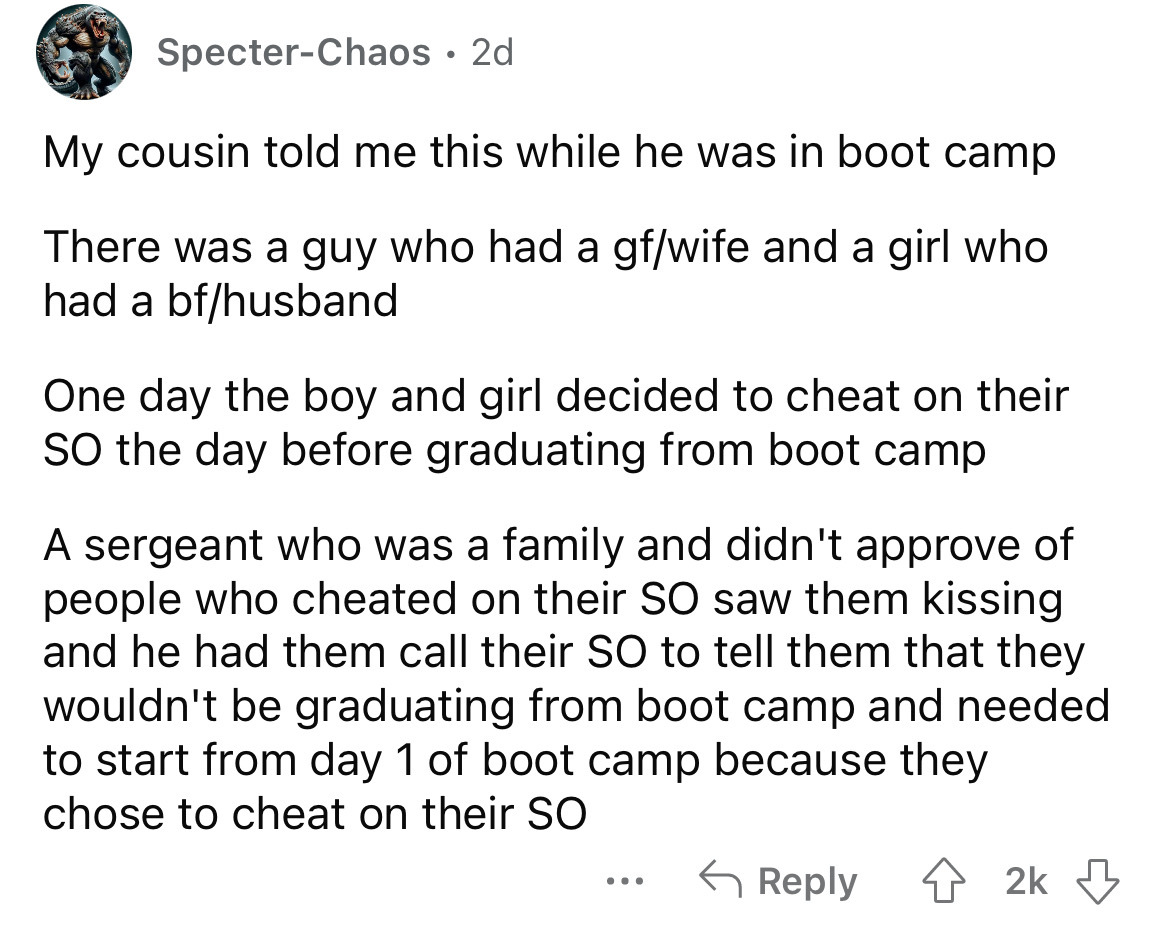 angle - SpecterChaos 2d My cousin told me this while he was in boot camp There was a guy who had a gfwife and a girl who had a bfhusband One day the boy and girl decided to cheat on their So the day before graduating from boot camp A sergeant who was a fa