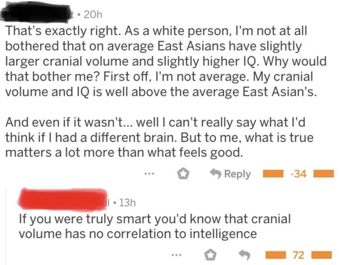 paper - 20h That's exactly right. As a white person, I'm not at all bothered that on average East Asians have slightly larger cranial volume and slightly higher Iq. Why would that bother me? First off, I'm not average. My cranial volume and Iq is well abo