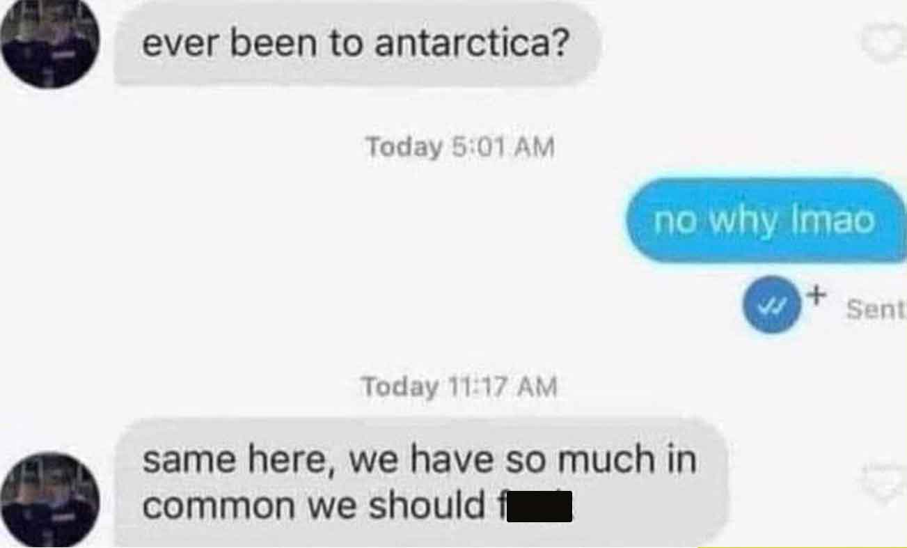 funny text messages memes - ever been to antarctica? Today no why Imao Today same here, we have so much in common we should f Sent
