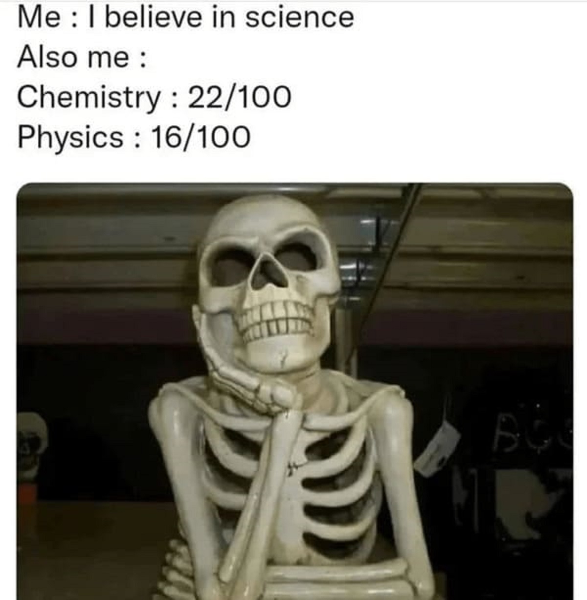 skeleton - Me I believe in science Also me Chemistry 22100 Physics 16100 Bo