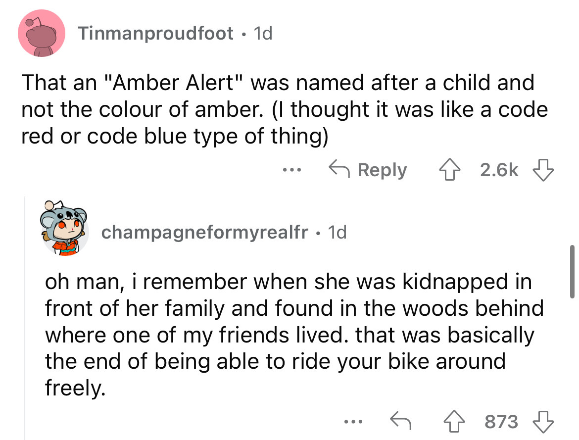 angle - Tinmanproudfoot 1d That an "Amber Alert" was named after a child and not the colour of amber. I thought it was a code red or code blue type of thing ... champagneformyrealfr. 1d oh man, i remember when she was kidnapped in front of her family and 