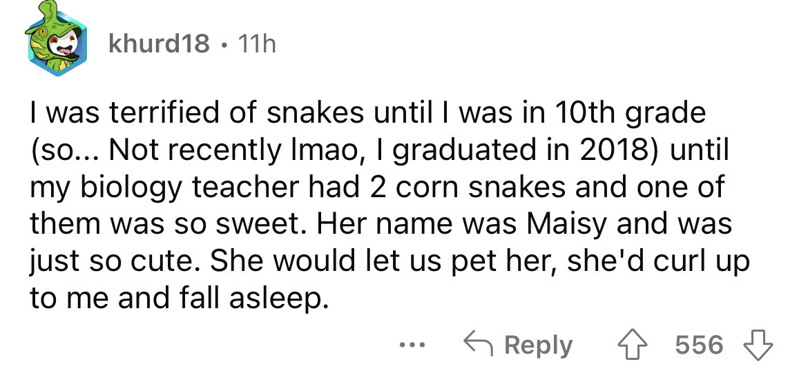 document - khurd18 11h I was terrified of snakes until I was in 10th grade so... Not recently Imao, I graduated in 2018 until my biology teacher had 2 corn snakes and one of them was so sweet. Her name was Maisy and was just so cute. She would let us pet 
