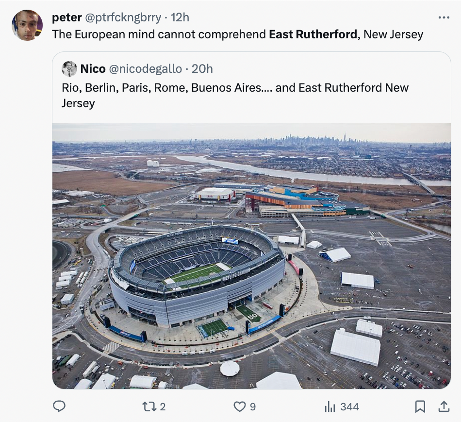 2024 copa america host cities - peter 12h The European mind cannot comprehend East Rutherford, New Jersey Nico 20h Rio, Berlin, Paris, Rome, Buenos Aires.... and East Rutherford New Jersey O 122 9 ill 344